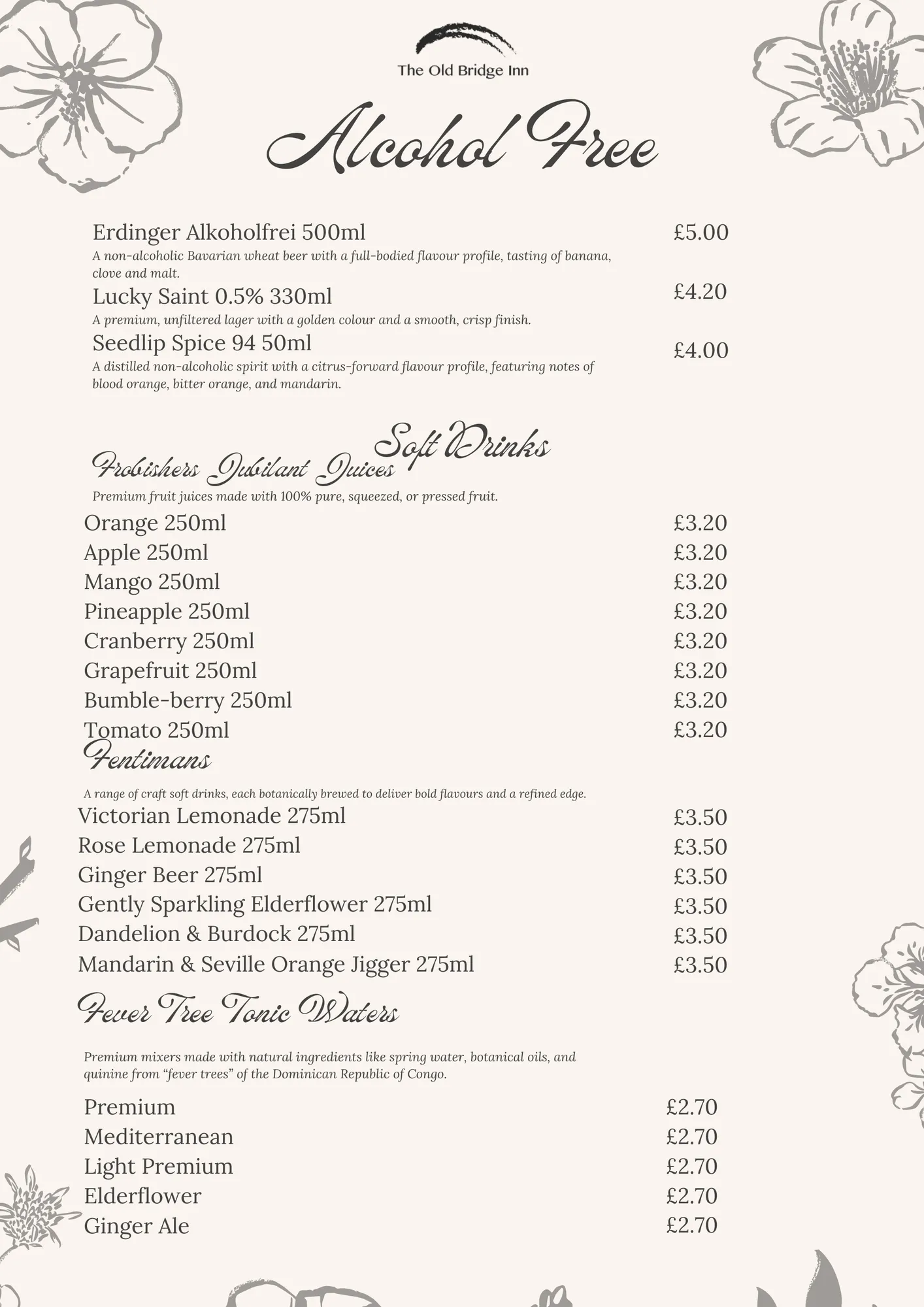 Alcohol-free and soft drinks menu