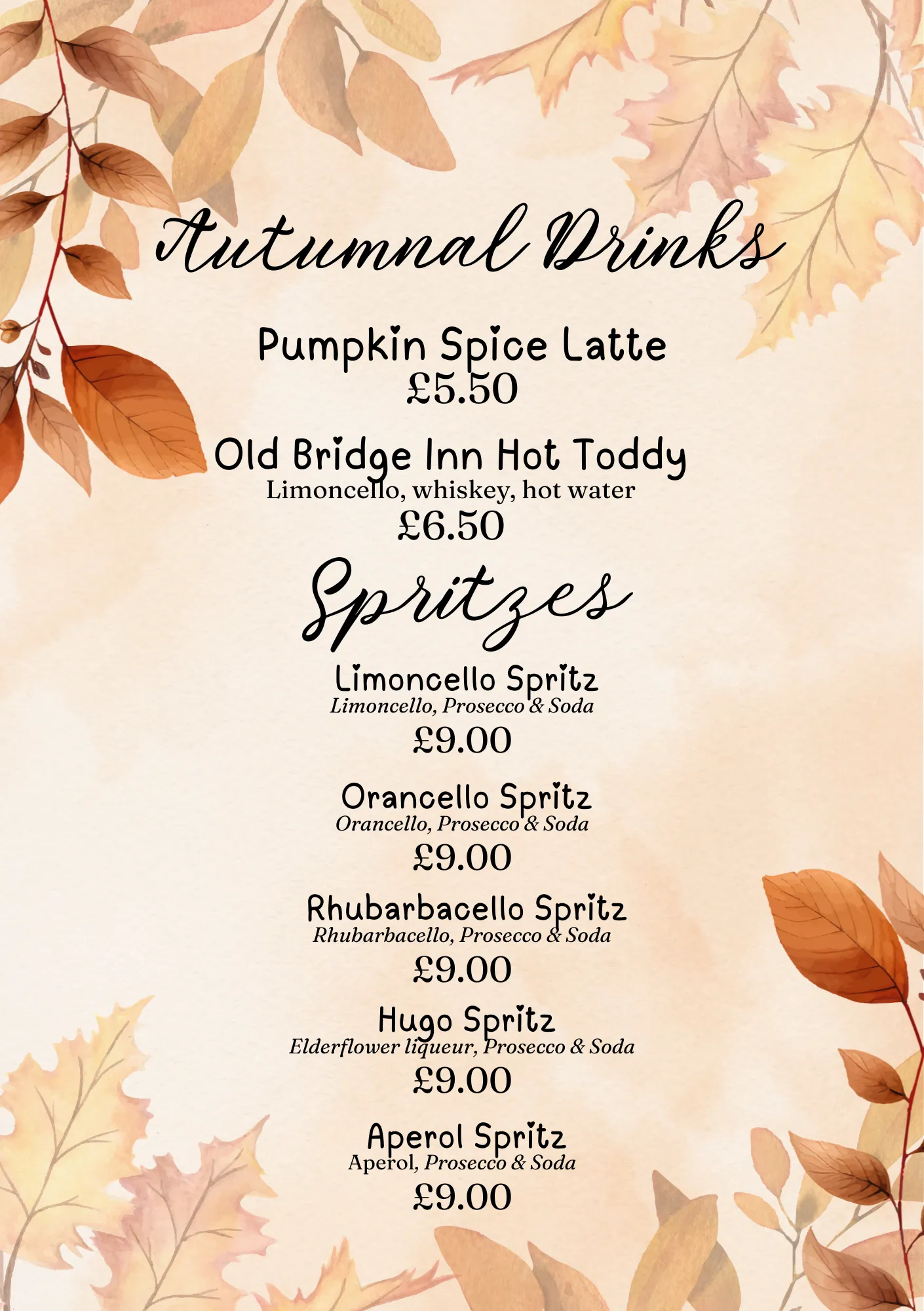Autumnal drinks menu: pumpkin spice latte, hot toddy and spritzes