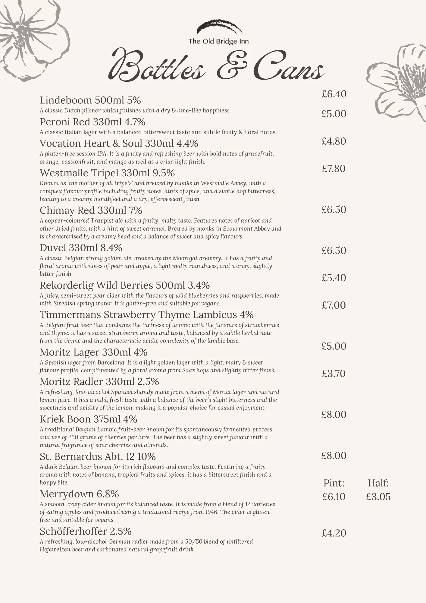 Bottles and cans menu