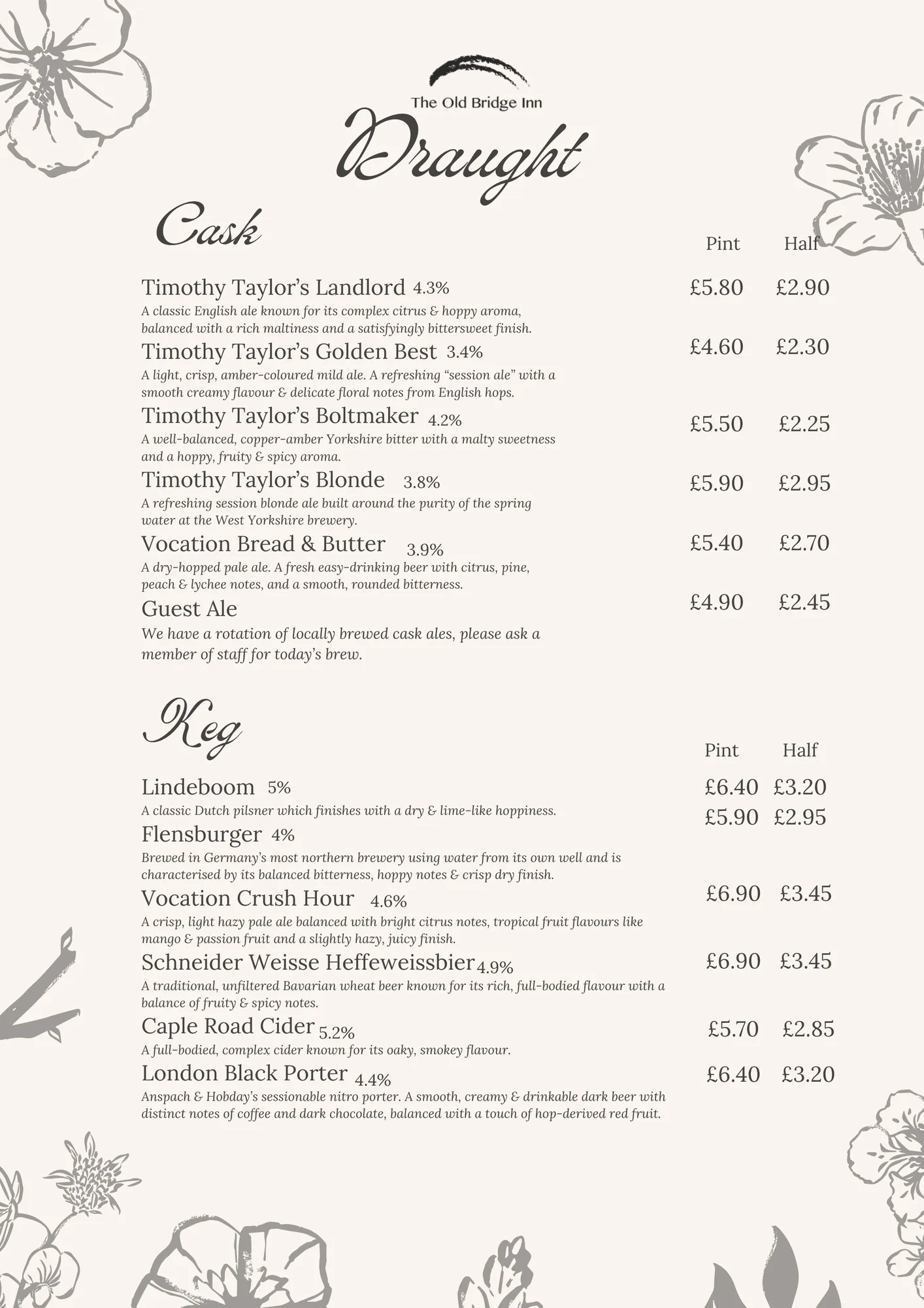 Draught and cask drinks menu