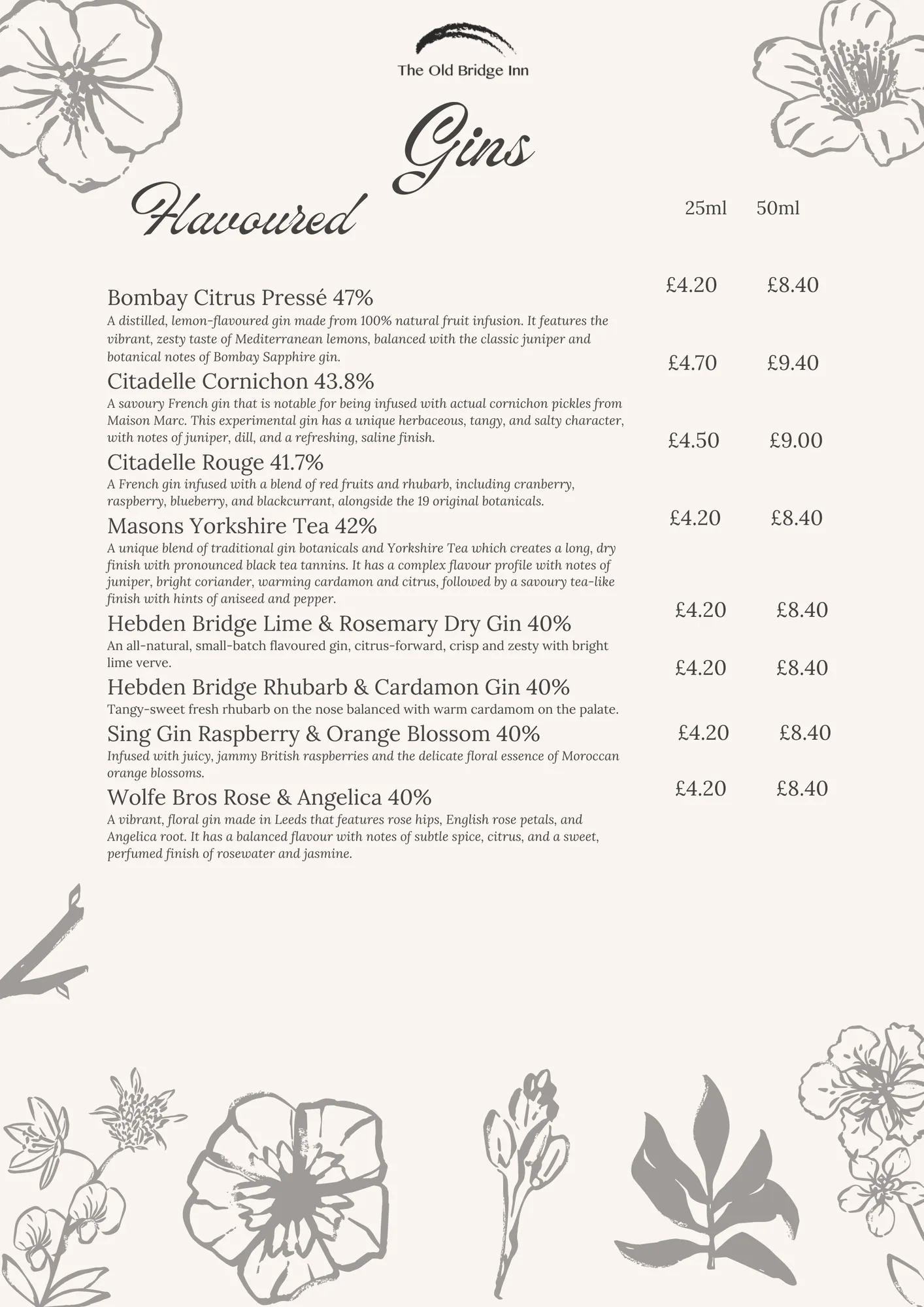 Flavoured gins menu