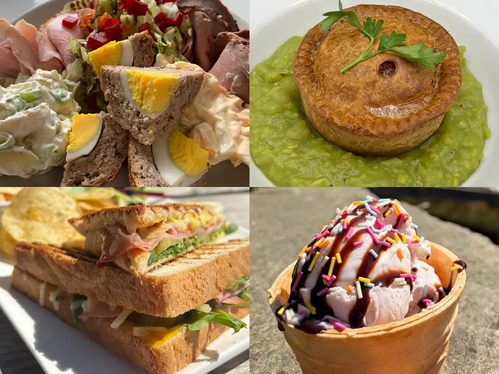 A selection of food at The Old Bridge Inn, including a ploughman's platter, pie and peas, a toasted sandwich, and ice cream