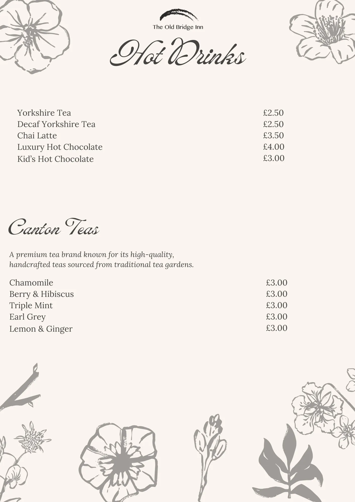 Hot drinks menu, tea and hot chocolate