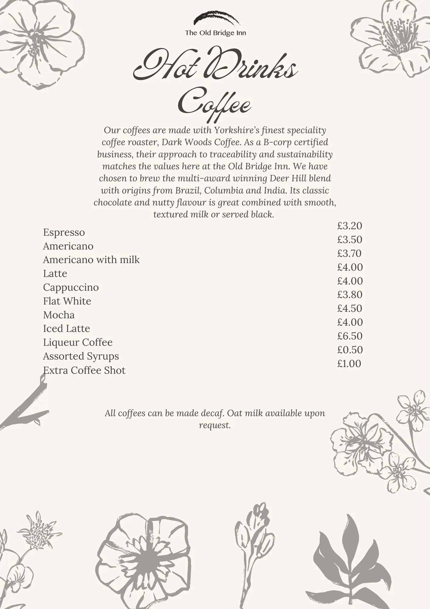 Hot drinks menu, coffee
