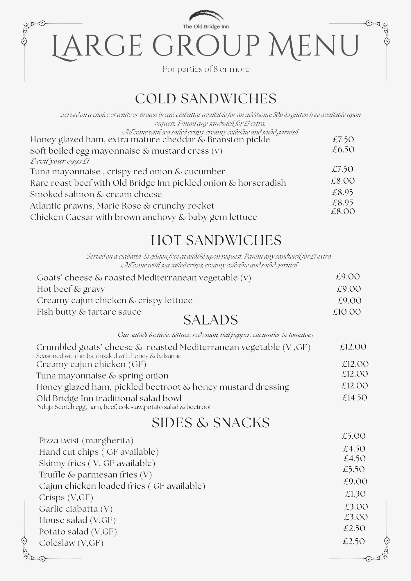 Large group menu, page 2: sandwiches, salads and sides