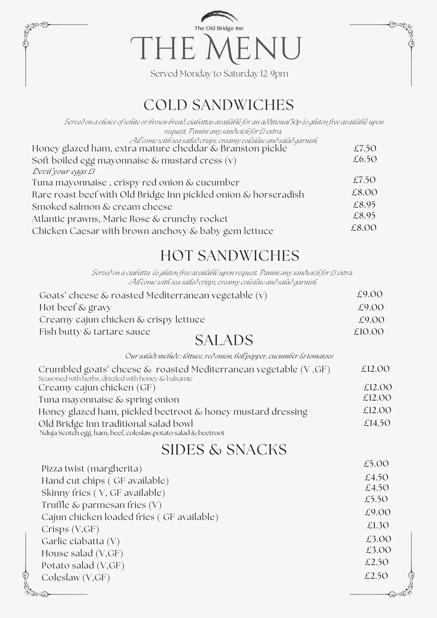 Monday to Saturday menu, page 1