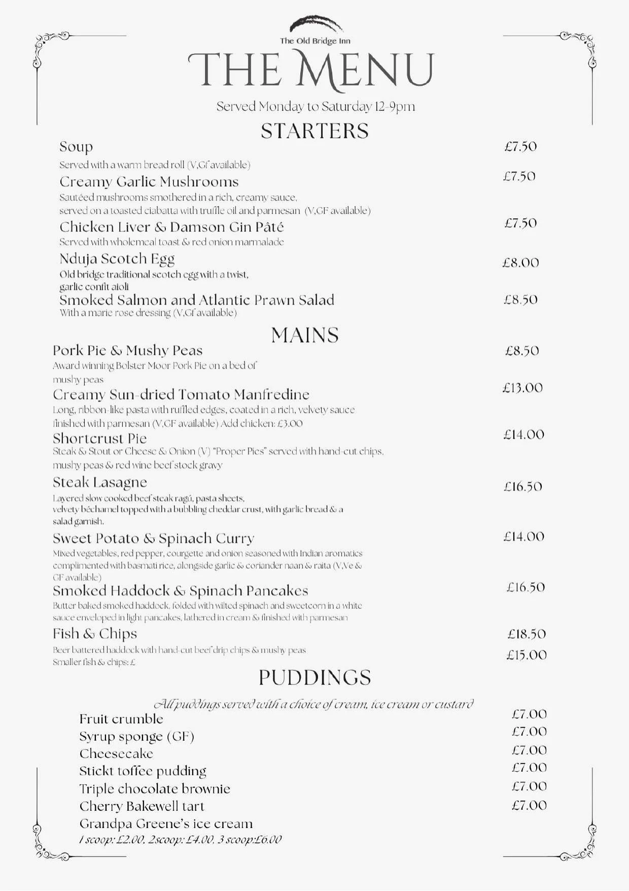 Monday to Saturday menu, page 2