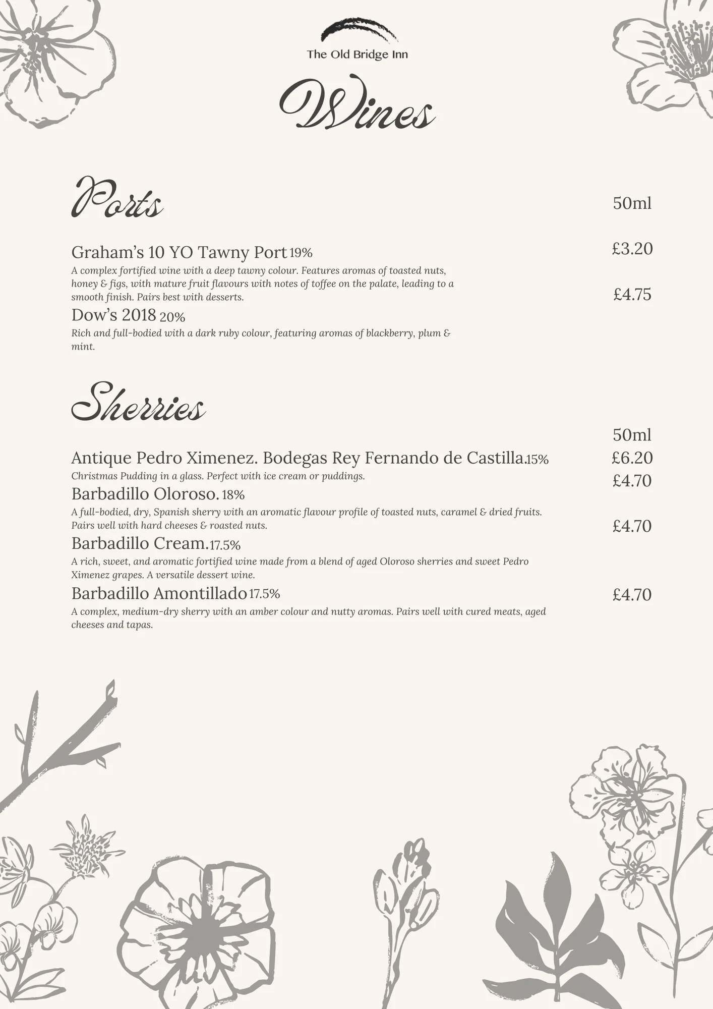 Ports and sherries menu