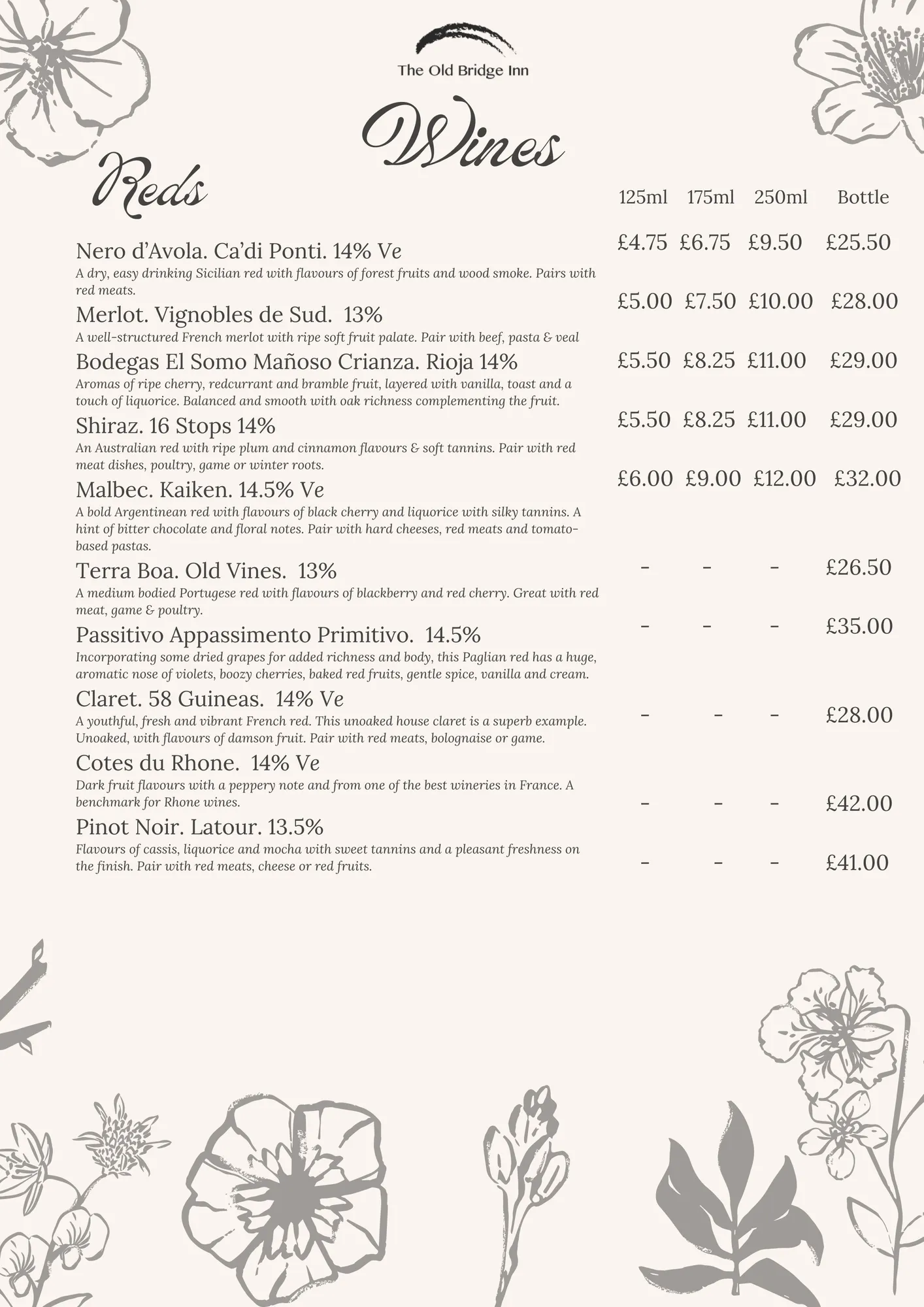 Red wine menu