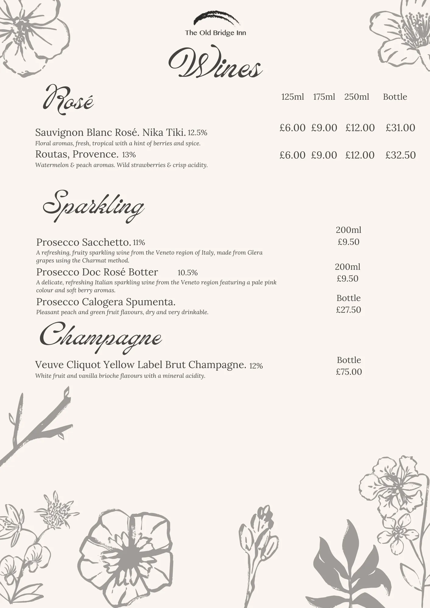 Rosé wine and sparkling wine menu