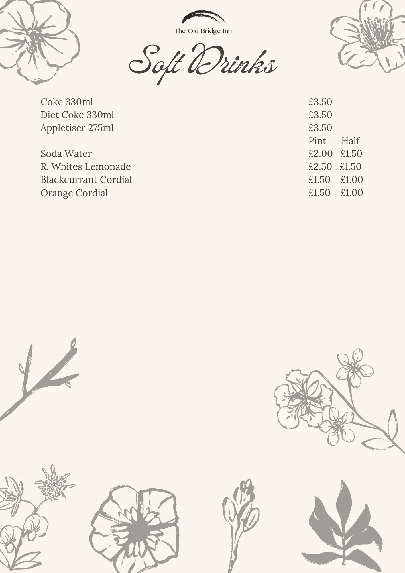 Soft drinks menu