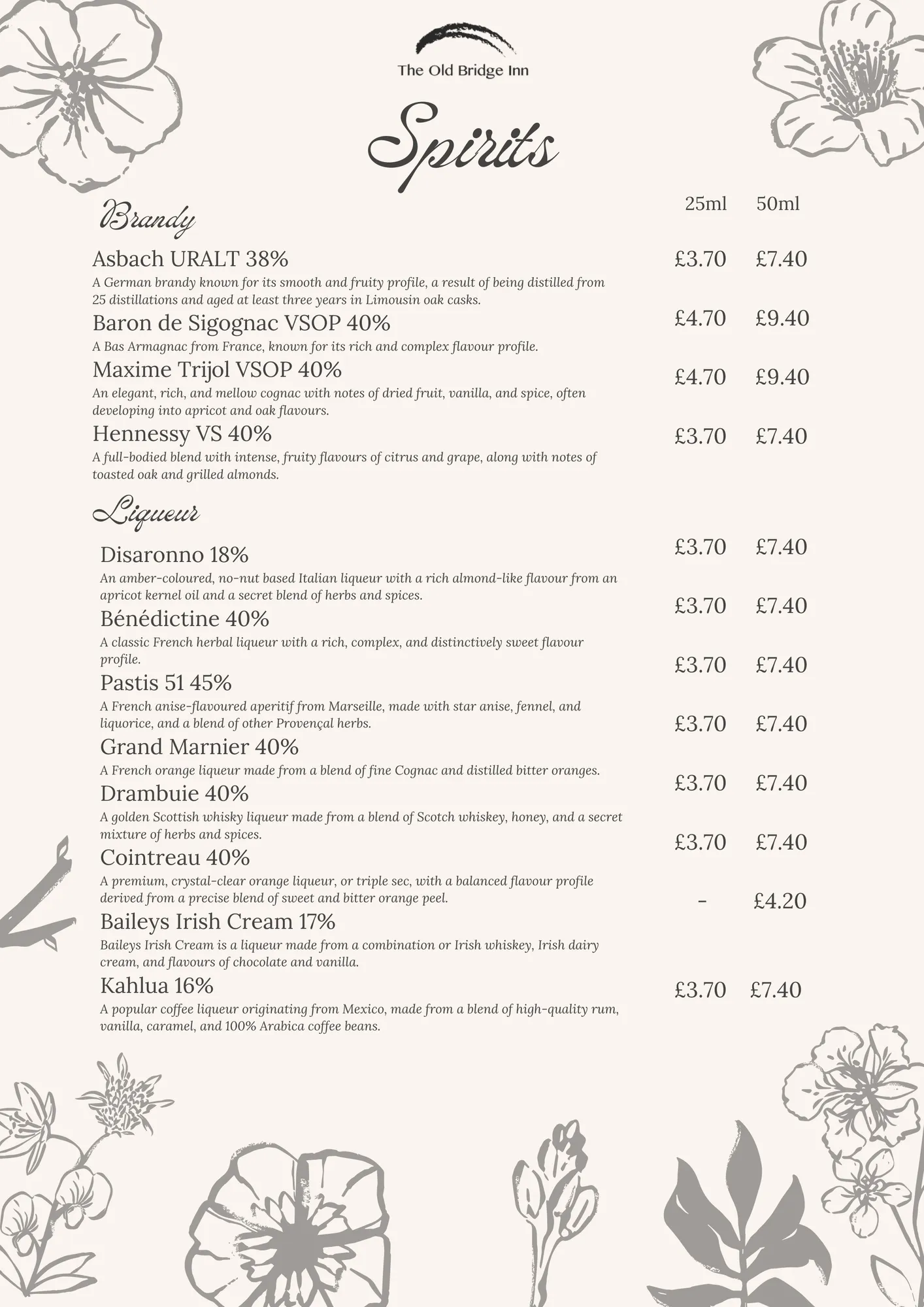 Spirits menu, page 2