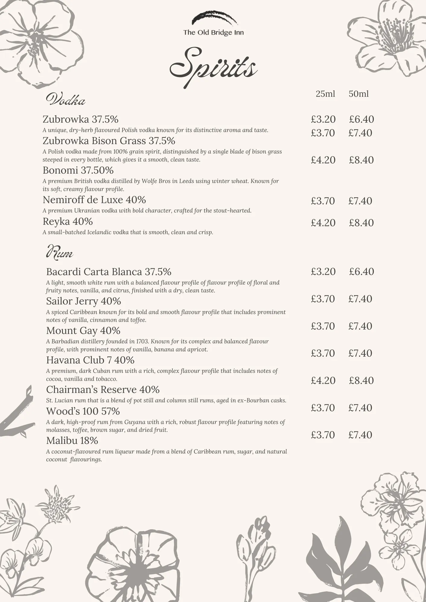Spirits menu, page 1