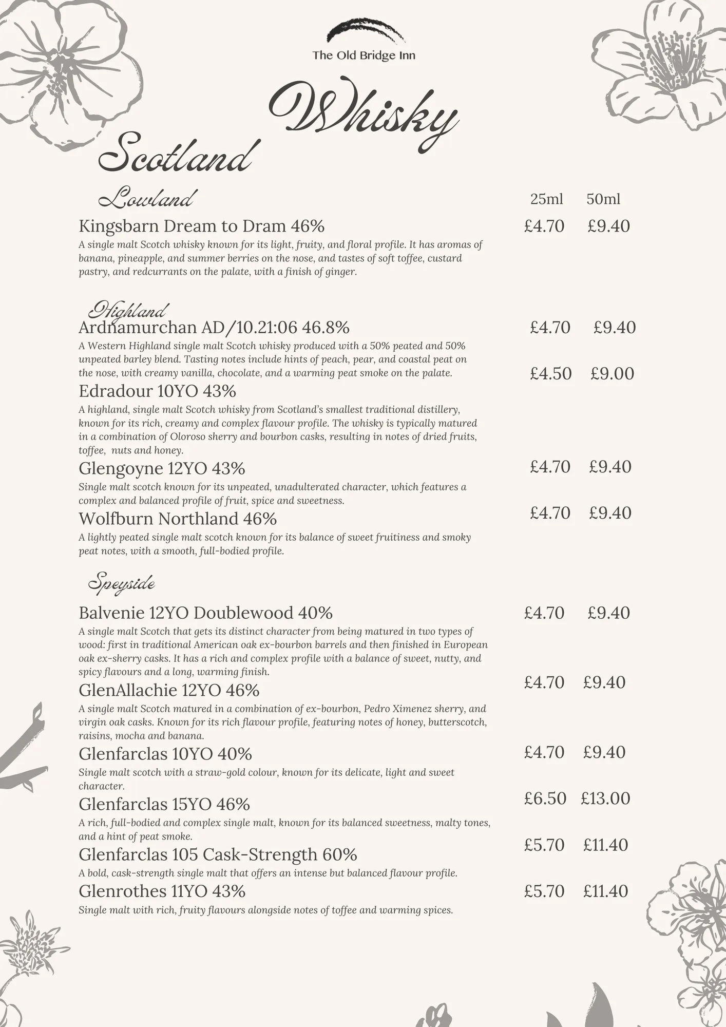 Whisky menu, page 1