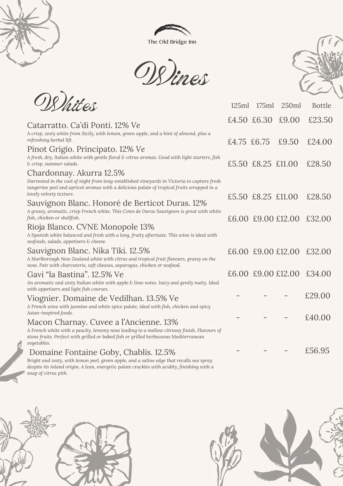White wine menu